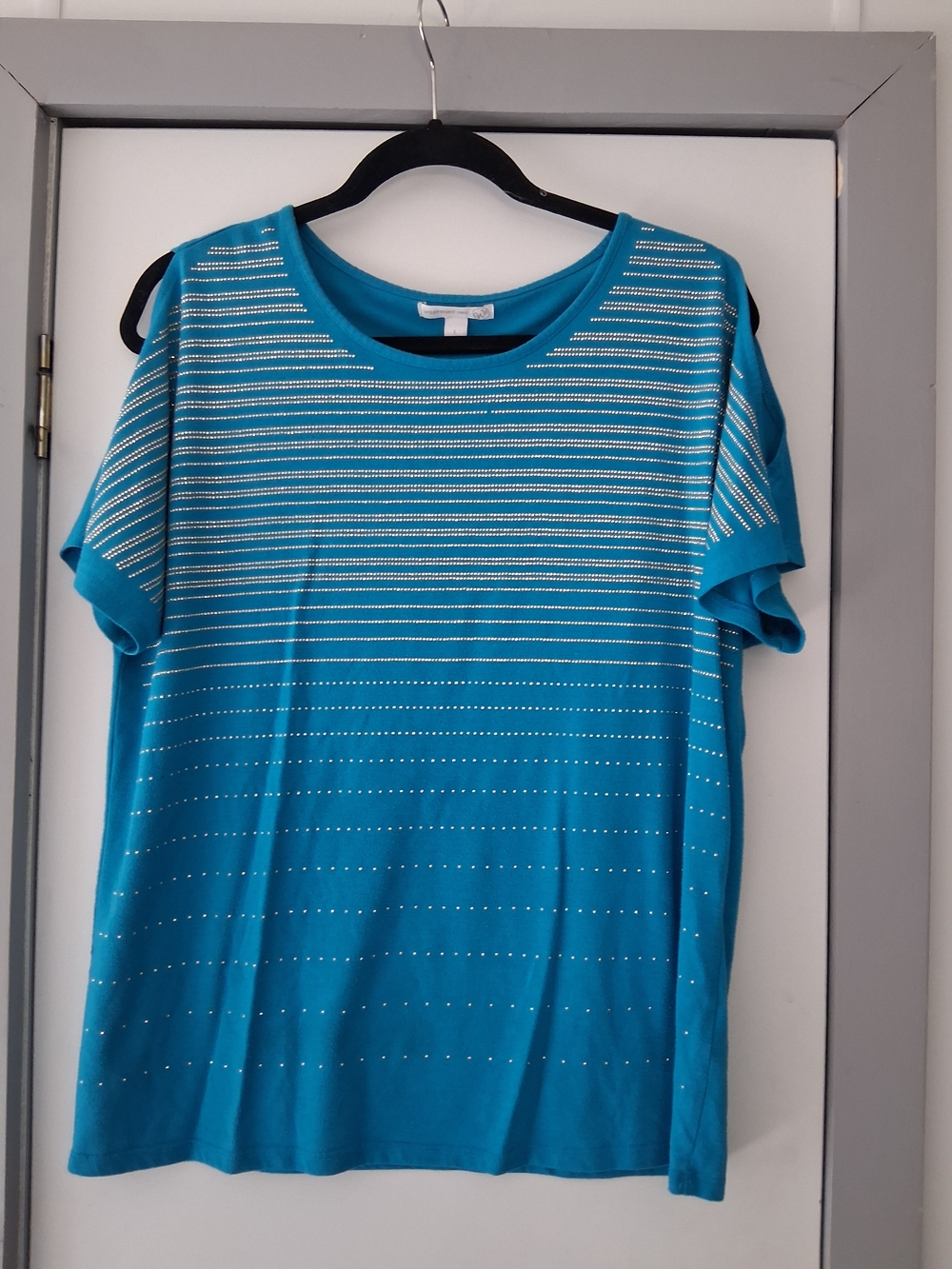 Westport Teal Short Sleeve Top with Silver Studded Stripes